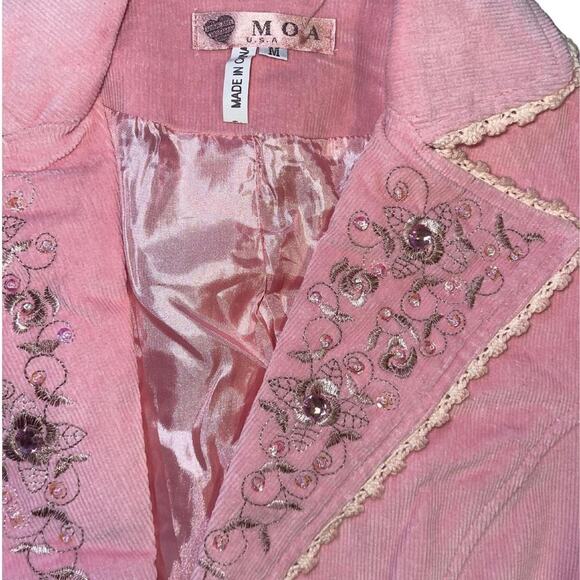 MOA U.S.A Pink corduroy gems flower style embroidered blazer Medium Y2K Western - Picture 3 of 3